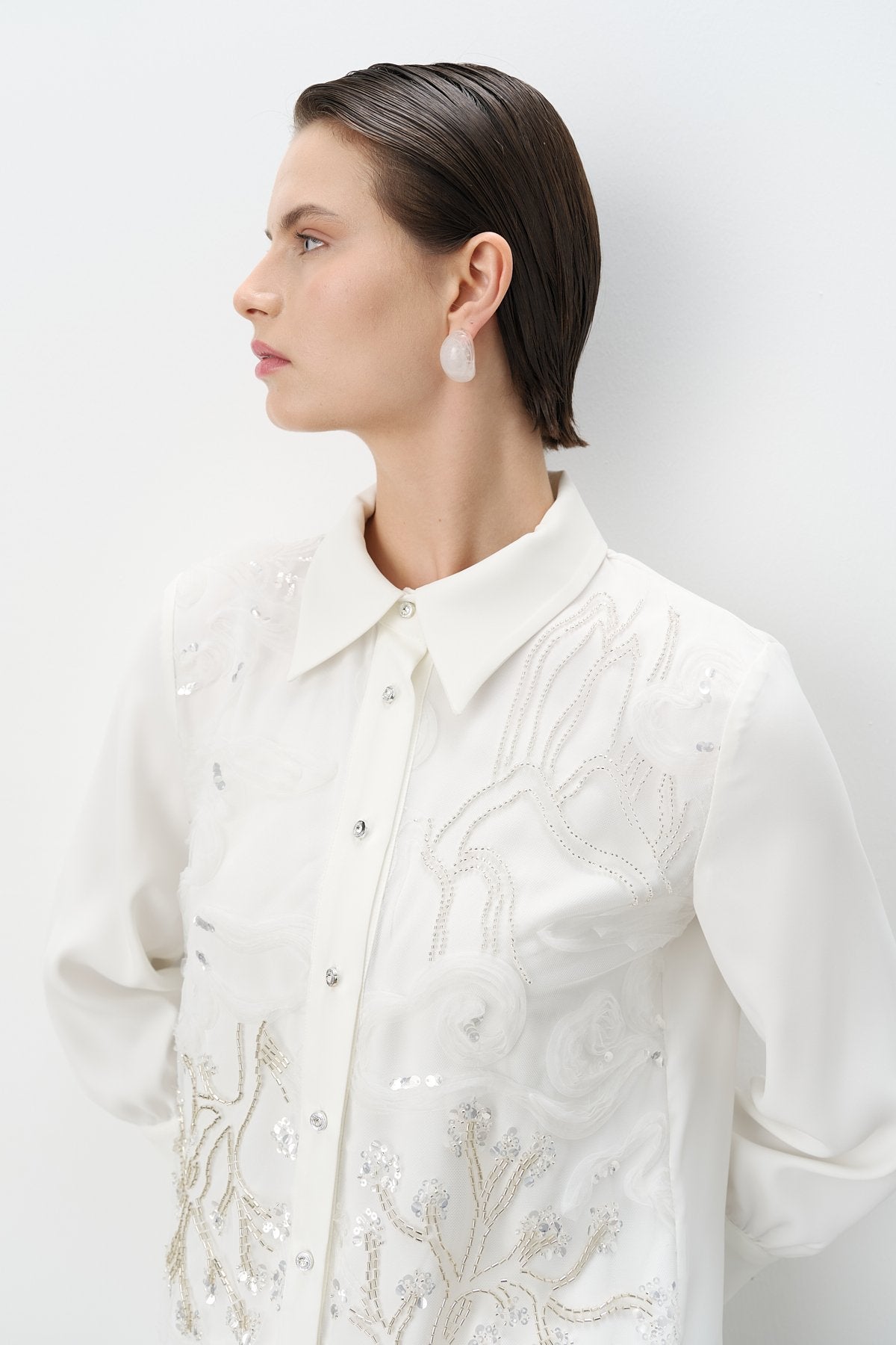 Stone Button Embroidered Tunic - Ecru