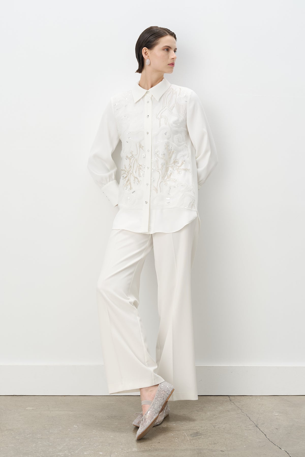 Stone Button Embroidered Tunic - Ecru