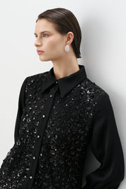 Stone-Button Embroidered Tunic - Black
