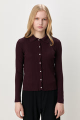 Stone Button Polo Collar Cardigan - Burgundy