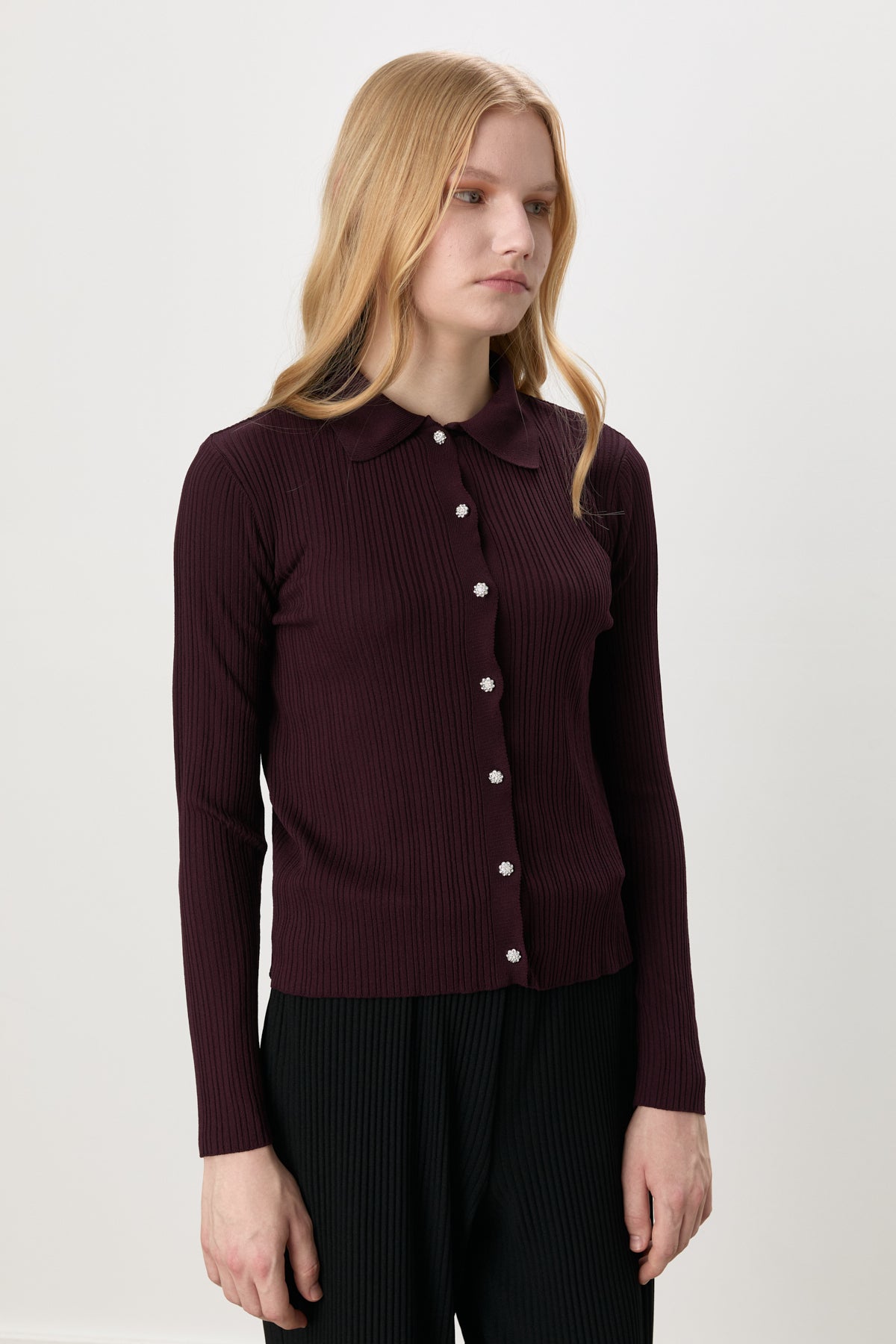 Stone Button Polo Collar Cardigan - Burgundy