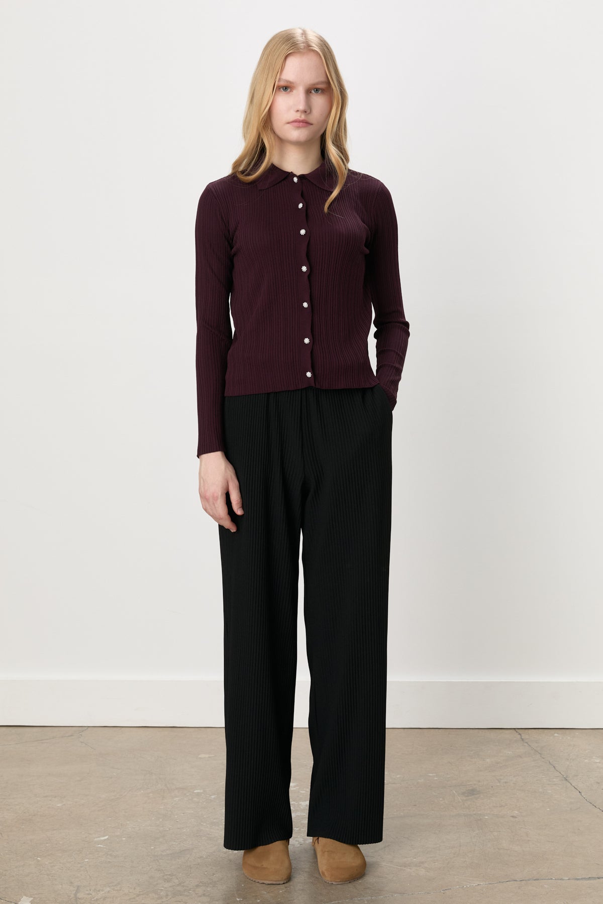 Stone Button Polo Collar Cardigan - Burgundy