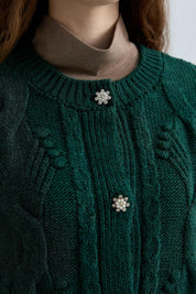 Stone Buttoned Cable Knit Cardigan - Green