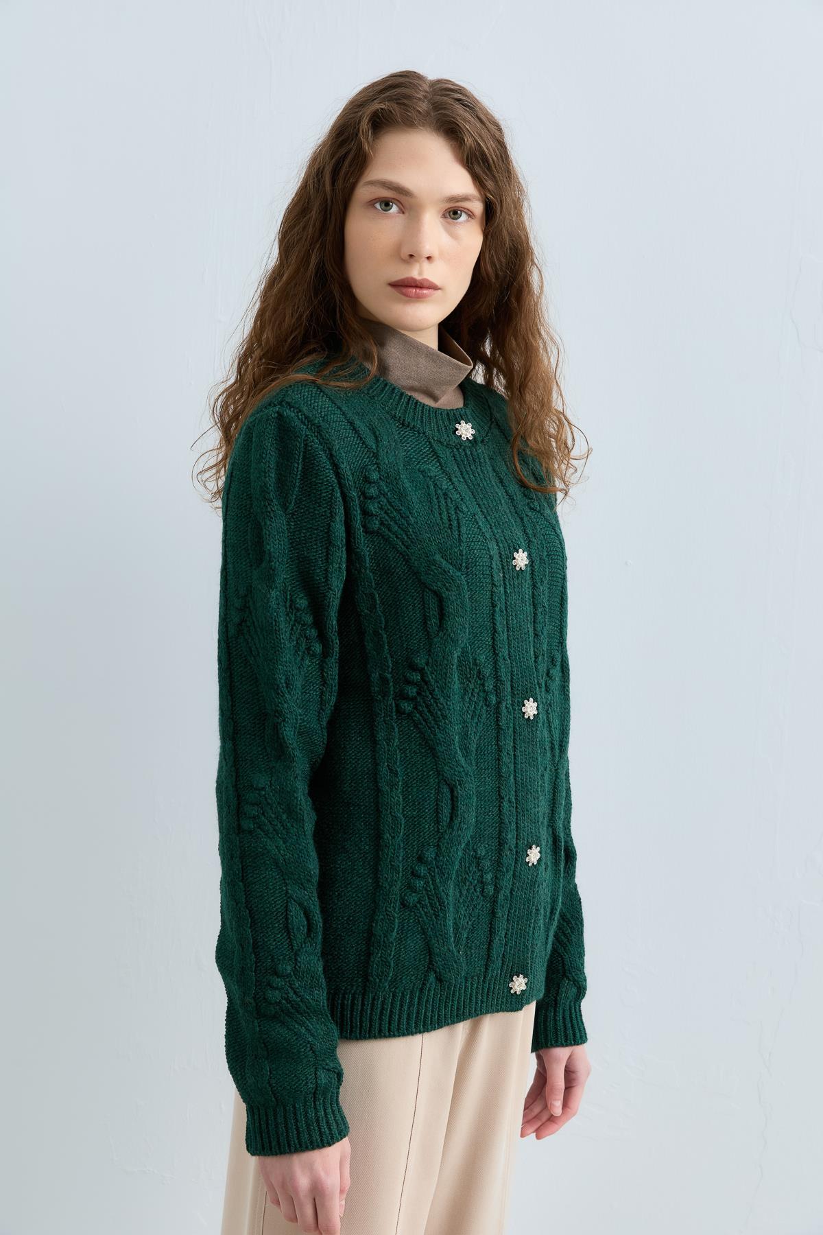 Stone Buttoned Cable Knit Cardigan - Green