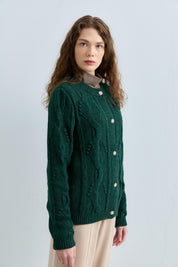 Stone Buttoned Cable Knit Cardigan - Green