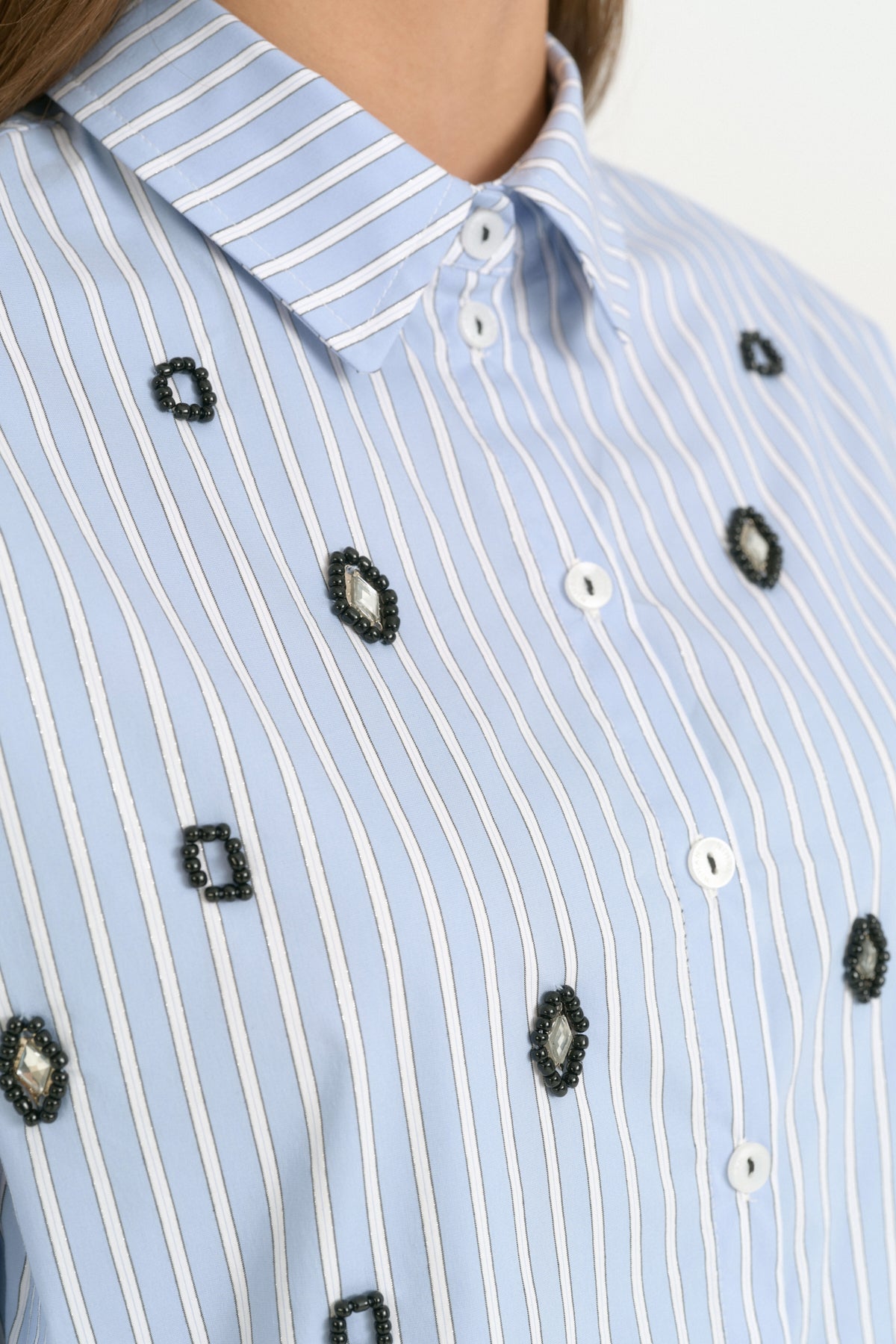 Embroidered Cotton Crop Shirt - Light Blue