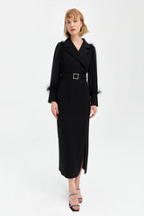 Elegant Dress with Stone Belt and Feather Details - Black