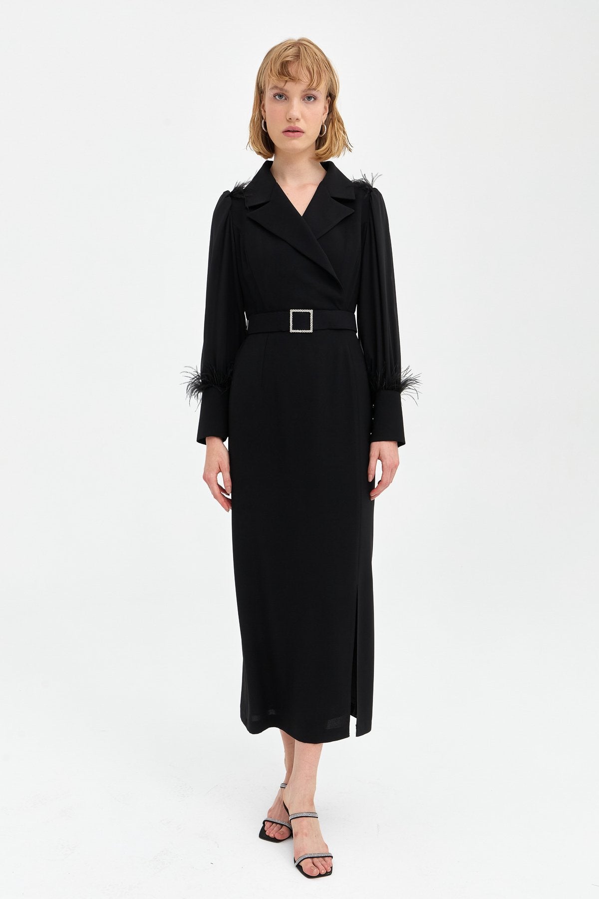 Elegant Dress with Stone Belt and Feather Details - Black