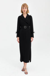 Elegant Dress with Stone Belt and Feather Details - Black