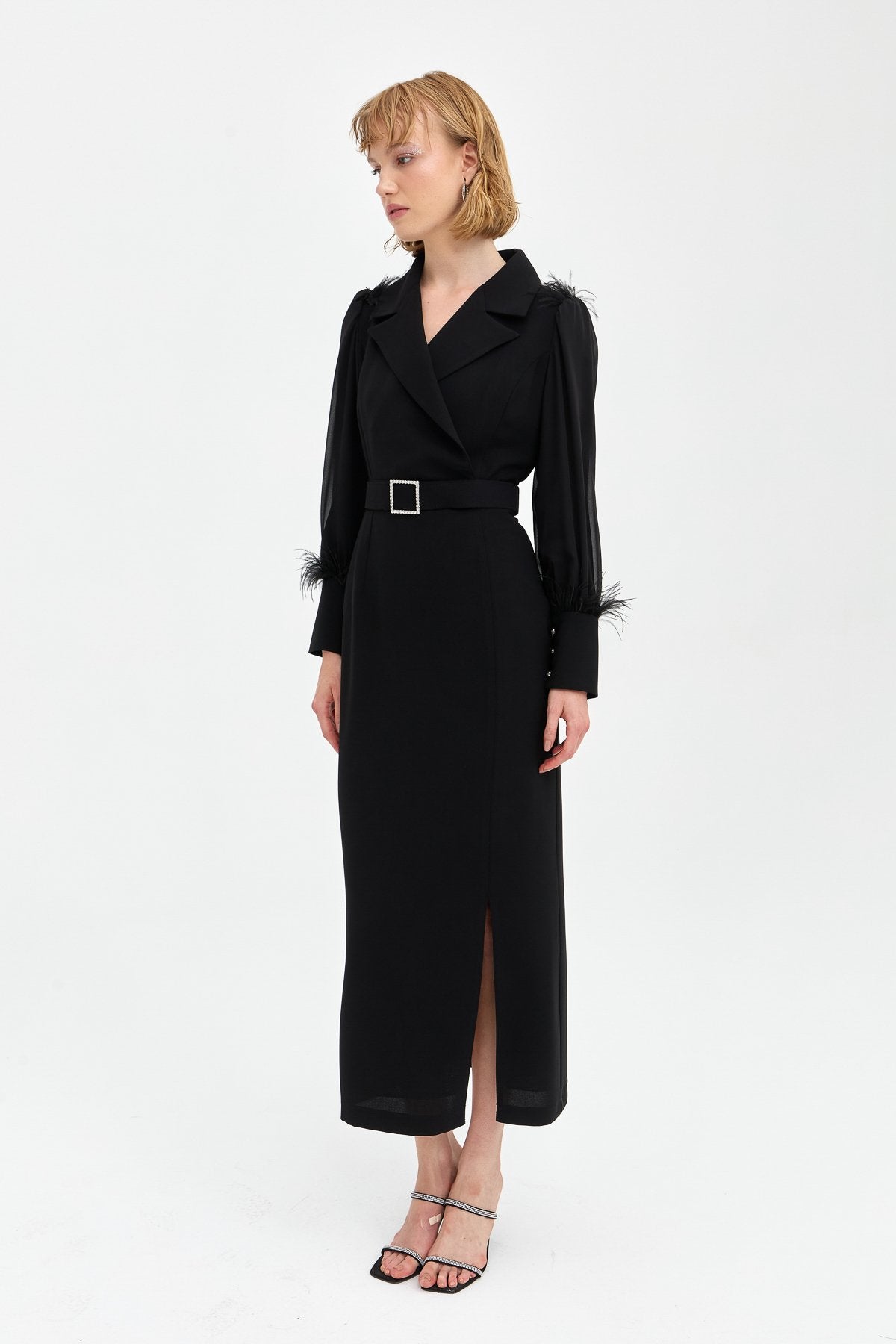 Elegant Dress with Stone Belt and Feather Details - Black