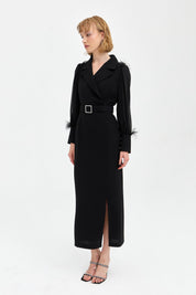 Elegant Dress with Stone Belt and Feather Details - Black
