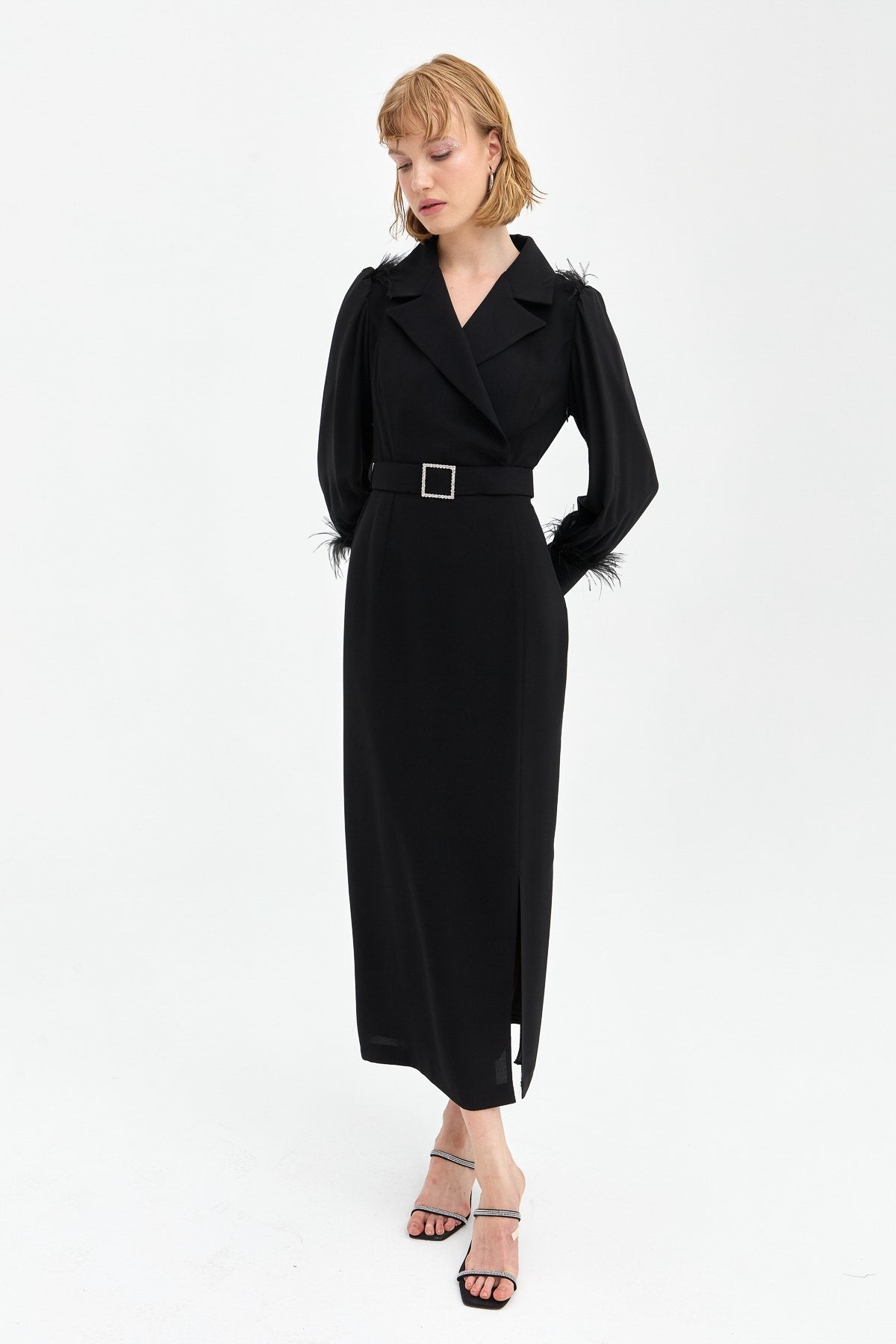 Elegant Dress with Stone Belt and Feather Details - Black