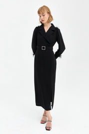 Elegant Dress with Stone Belt and Feather Details - Black