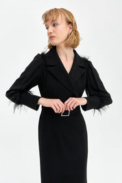 Elegant Dress with Stone Belt and Feather Details - Black
