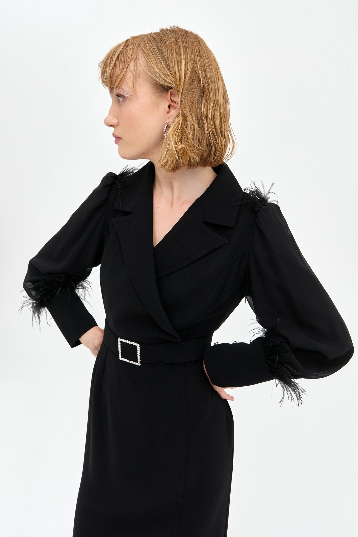 Elegant Dress with Stone Belt and Feather Details - Black