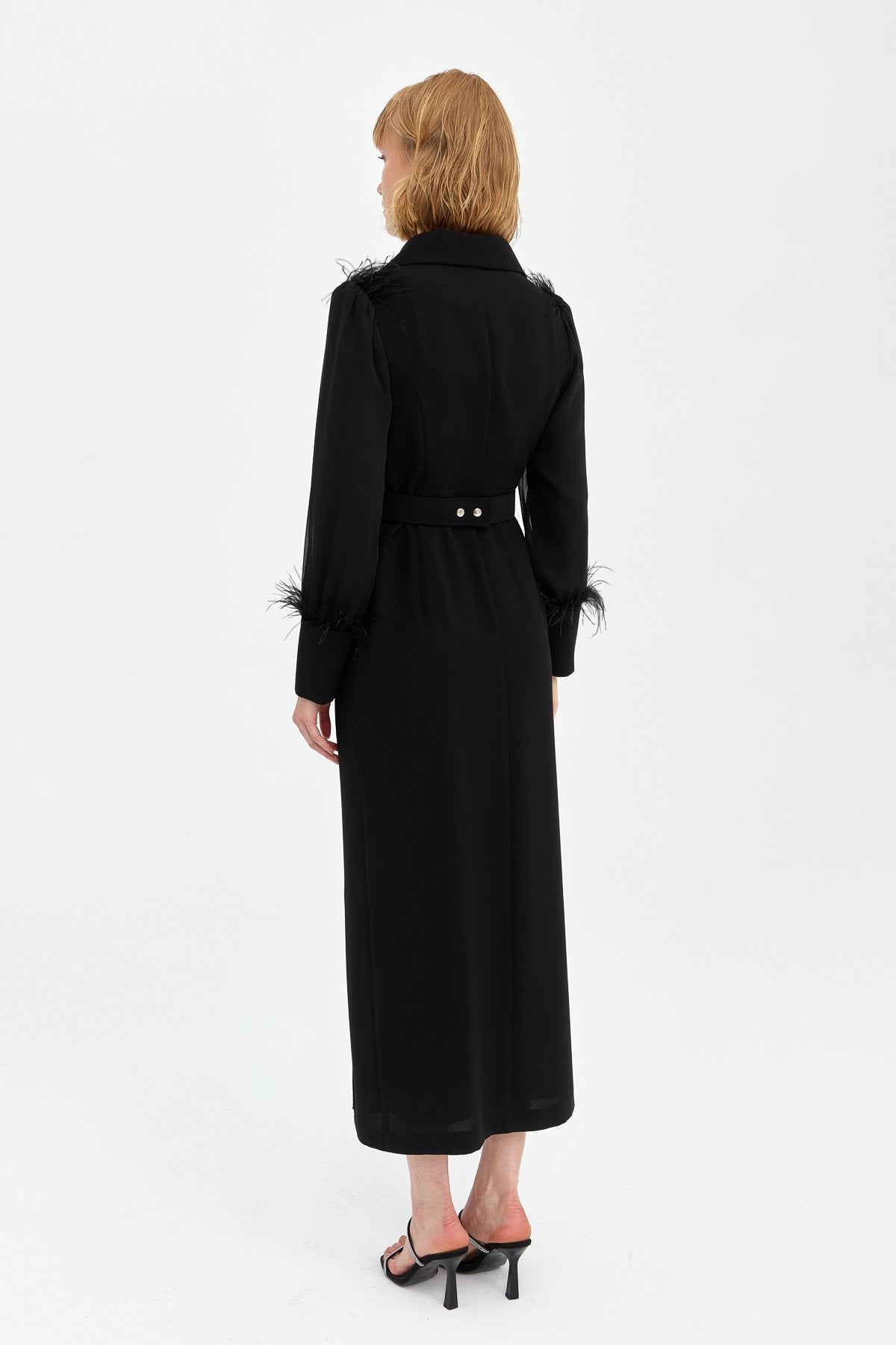 Elegant Dress with Stone Belt and Feather Details - Black