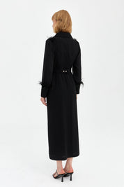 Elegant Dress with Stone Belt and Feather Details - Black