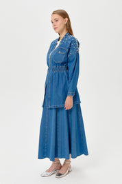 Taş ve İncili Denim Ceket - Mavi
