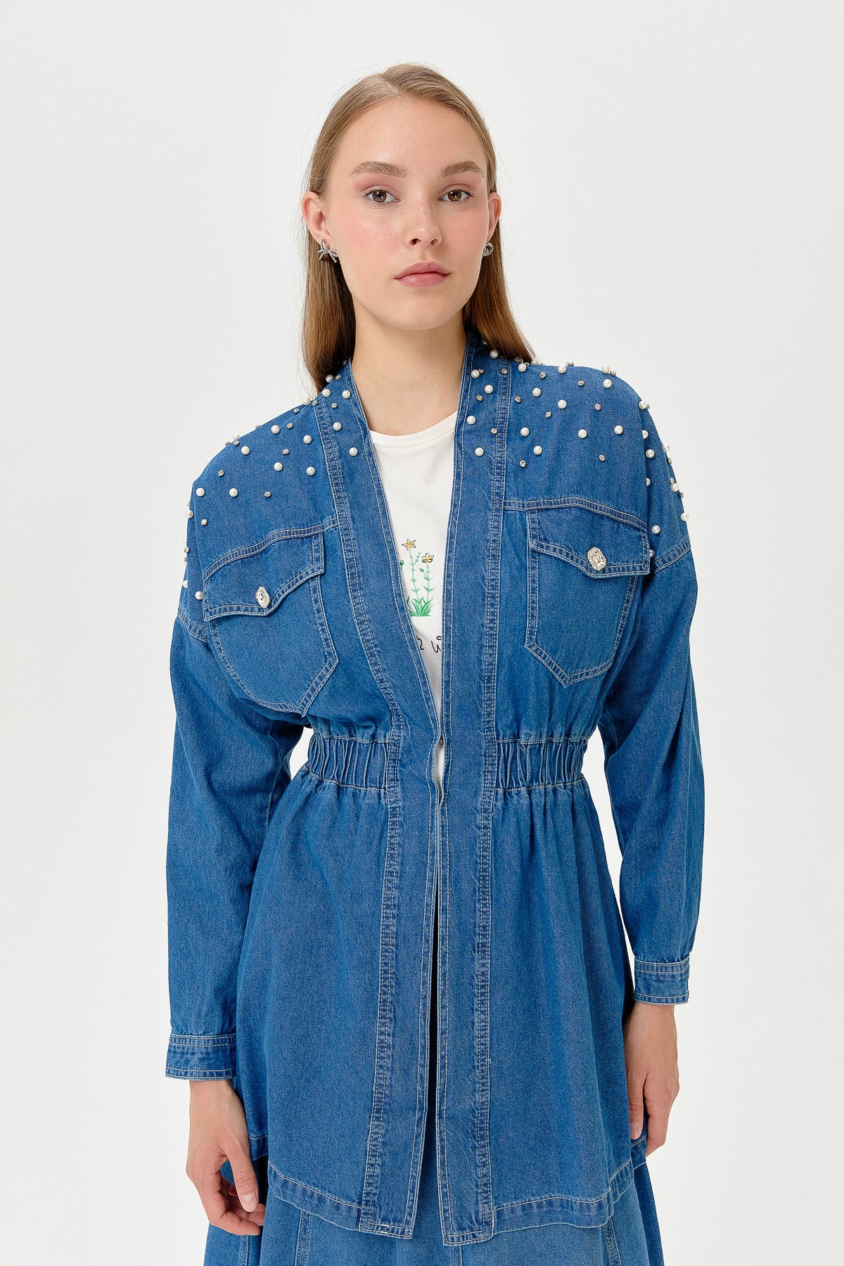 Denim Jacket with Stones and Pearls - Blue