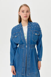 Denim Jacket with Stones and Pearls - Blue