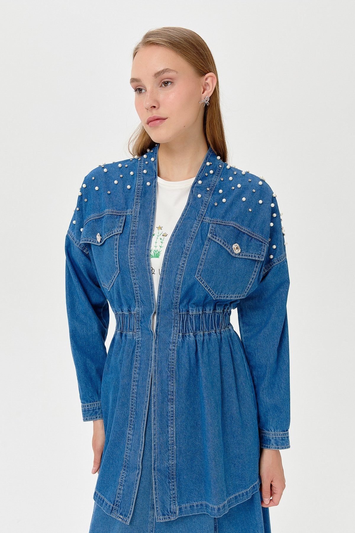 Denim Jacket with Stones and Pearls - Blue
