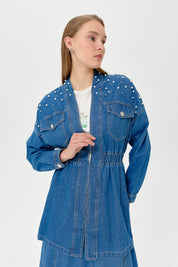 Denim Jacket with Stones and Pearls - Blue