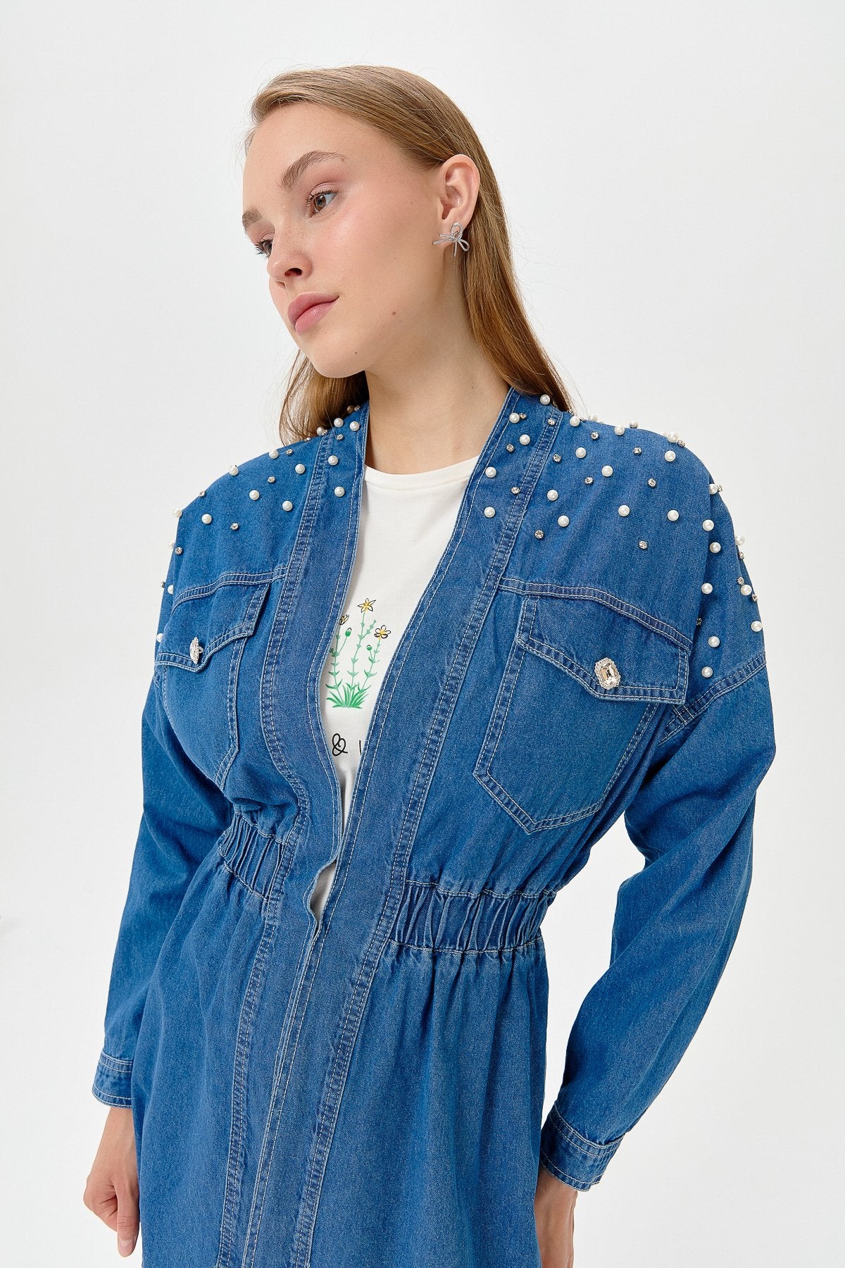 Denim Jacket with Stones and Pearls - Blue