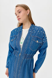 Denim Jacket with Stones and Pearls - Blue