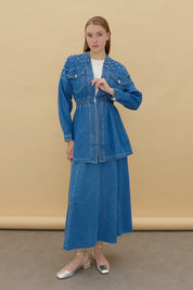 Denim Jacket with Stones and Pearls - Blue