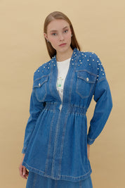 Denim Jacket with Stones and Pearls - Blue