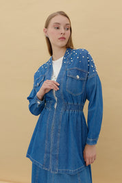 Denim Jacket with Stones and Pearls - Blue