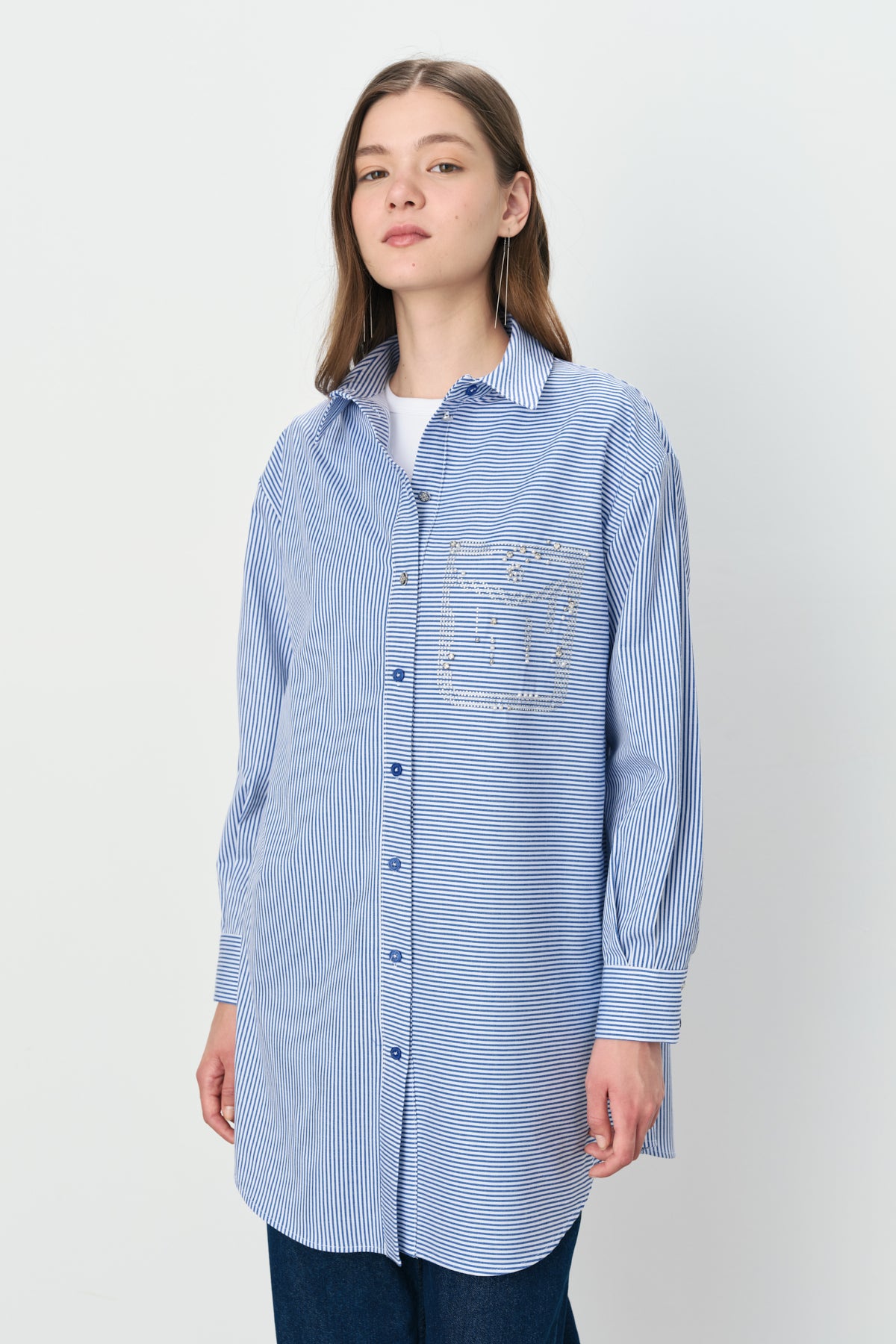 Taşlı Cep Görünümlü Çizgili Gömlek Pamuk Tunik - İndigo