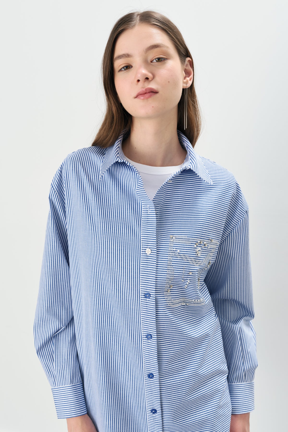 Striped Cotton Tunic with Stone-Embellished Pocket Detail - Indigo