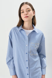 Striped Cotton Tunic with Stone-Embellished Pocket Detail - Indigo