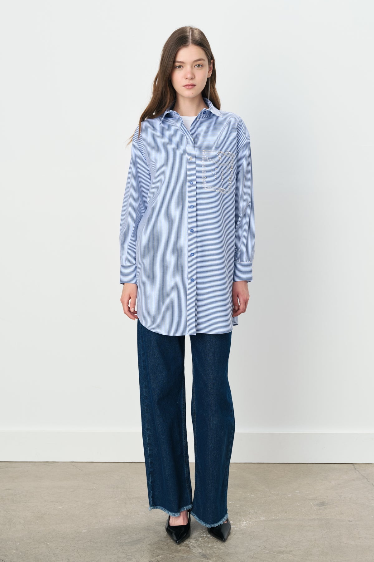 Striped Cotton Tunic with Stone-Embellished Pocket Detail - Indigo