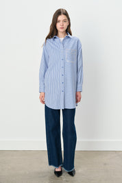 Striped Cotton Tunic with Stone-Embellished Pocket Detail - Indigo