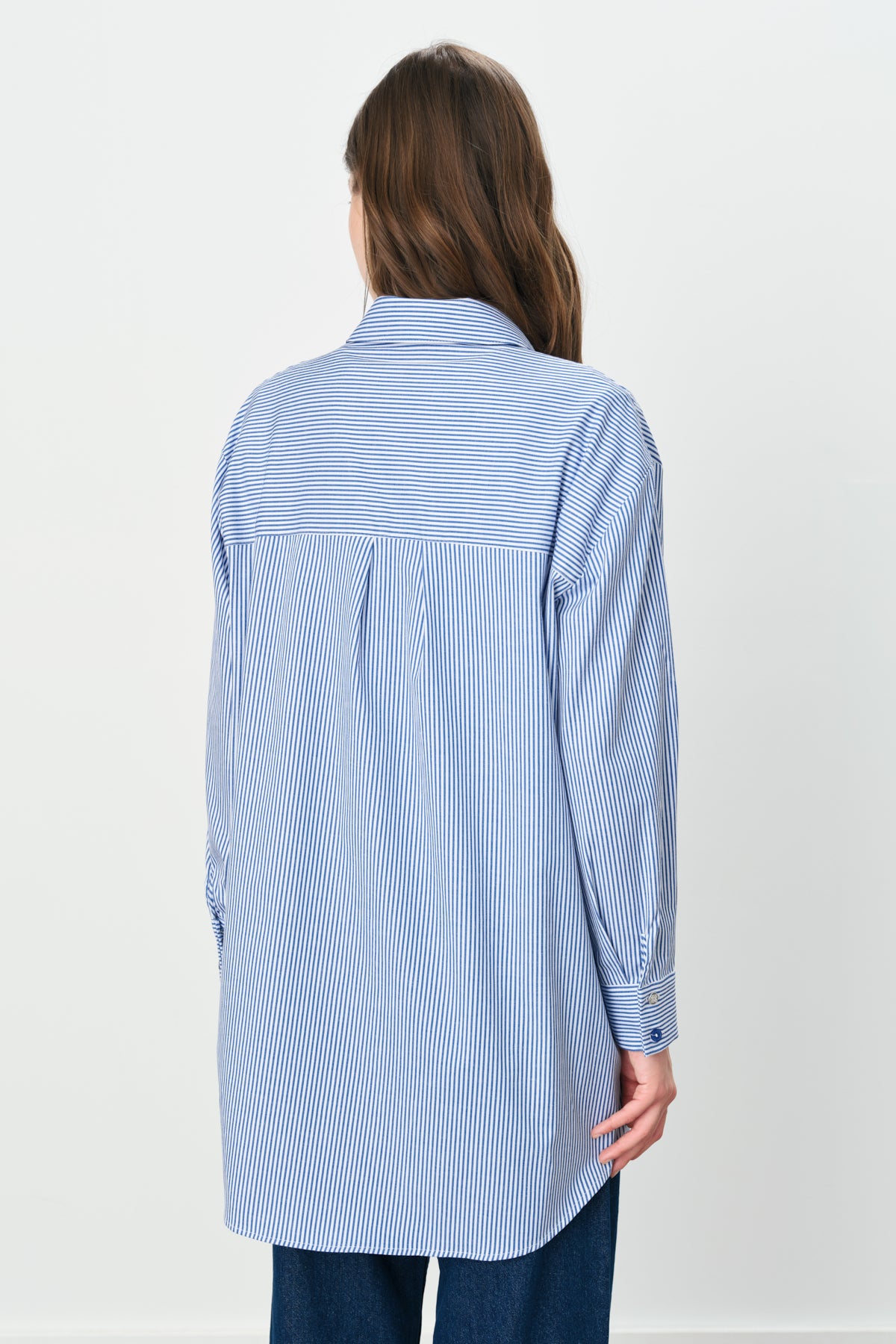 Striped Cotton Tunic with Stone-Embellished Pocket Detail - Indigo