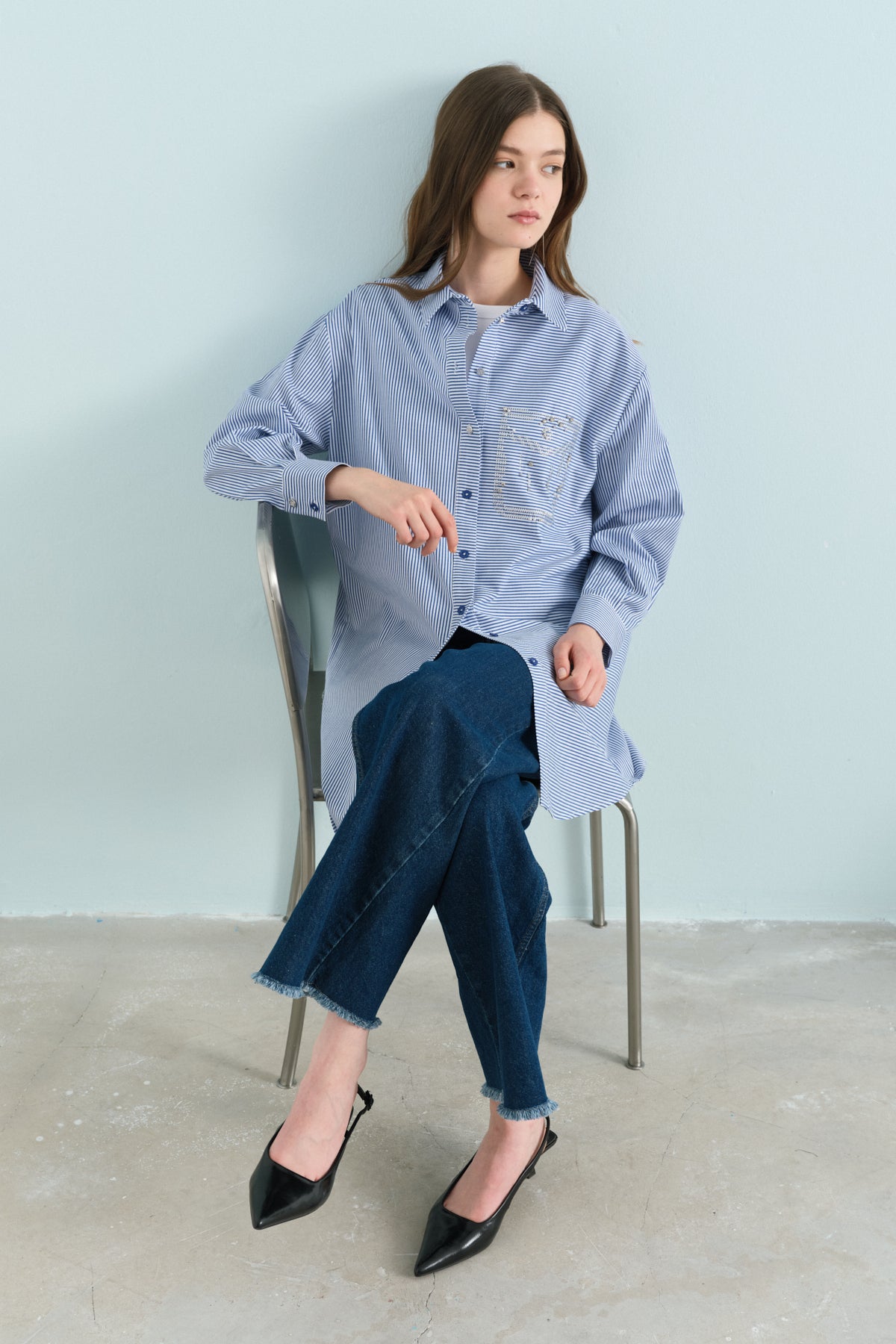 Striped Cotton Tunic with Stone-Embellished Pocket Detail - Indigo