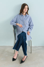 Striped Cotton Tunic with Stone-Embellished Pocket Detail - Indigo