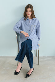 Striped Cotton Tunic with Stone-Embellished Pocket Detail - Indigo