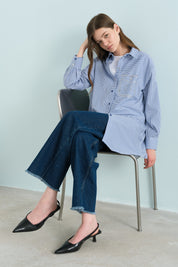 Striped Cotton Tunic with Stone-Embellished Pocket Detail - Indigo