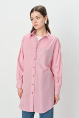 Striped Shirt with Faux Pocket Detail Cotton Tunic - Red