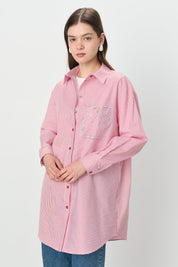 Striped Shirt with Faux Pocket Detail Cotton Tunic - Red