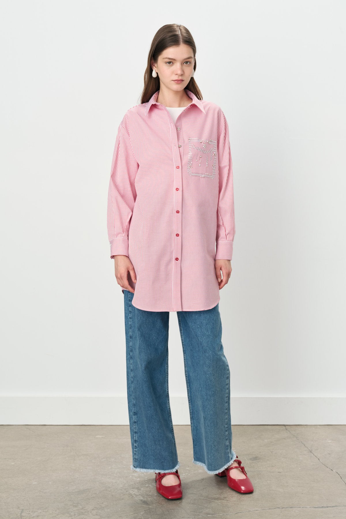 Striped Shirt with Faux Pocket Detail Cotton Tunic - Red