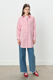 Striped Shirt with Faux Pocket Detail Cotton Tunic - Red