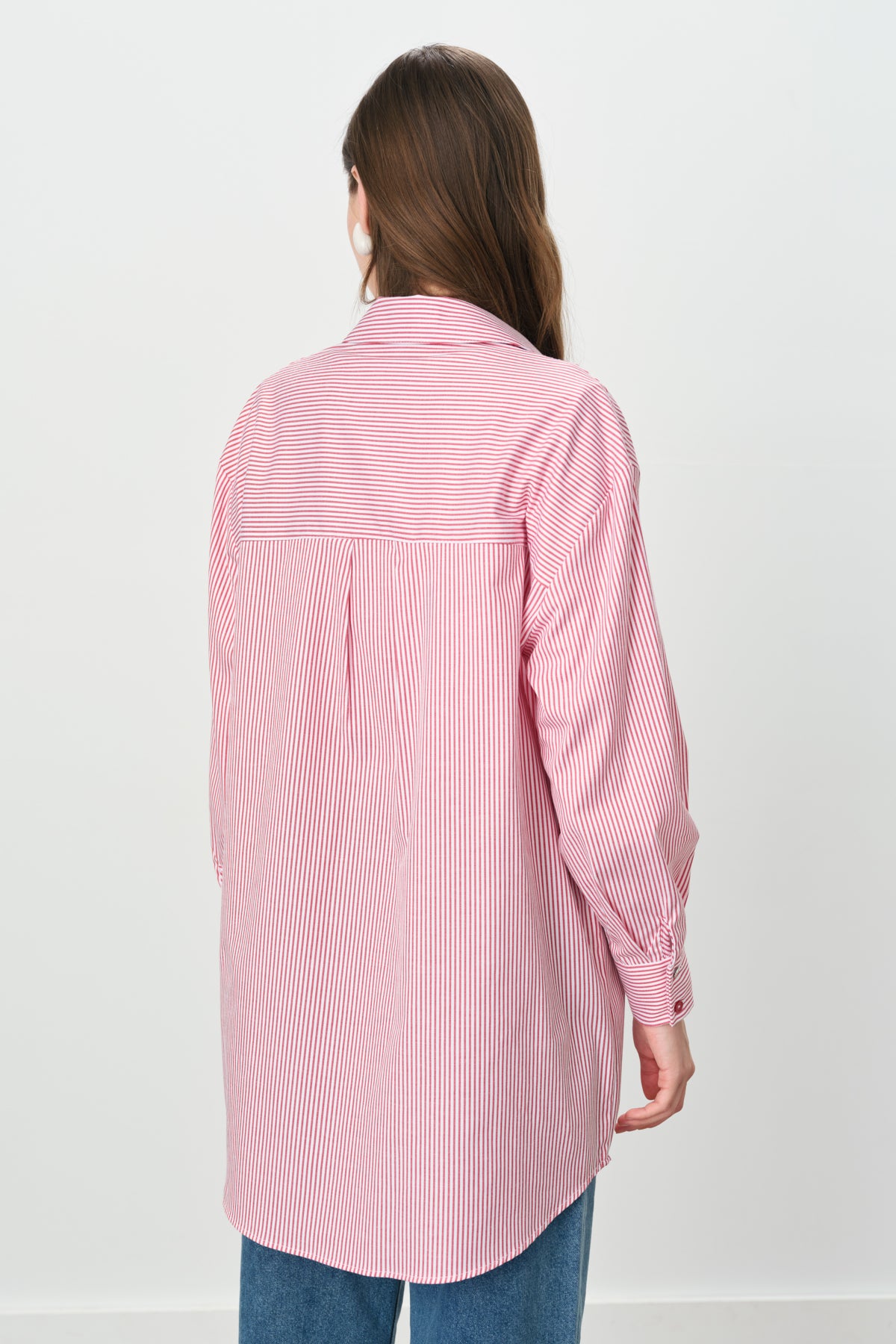 Striped Shirt with Faux Pocket Detail Cotton Tunic - Red