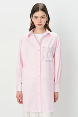 Striped Cotton Tunic Shirt with Embellished Pocket Detail - Pink