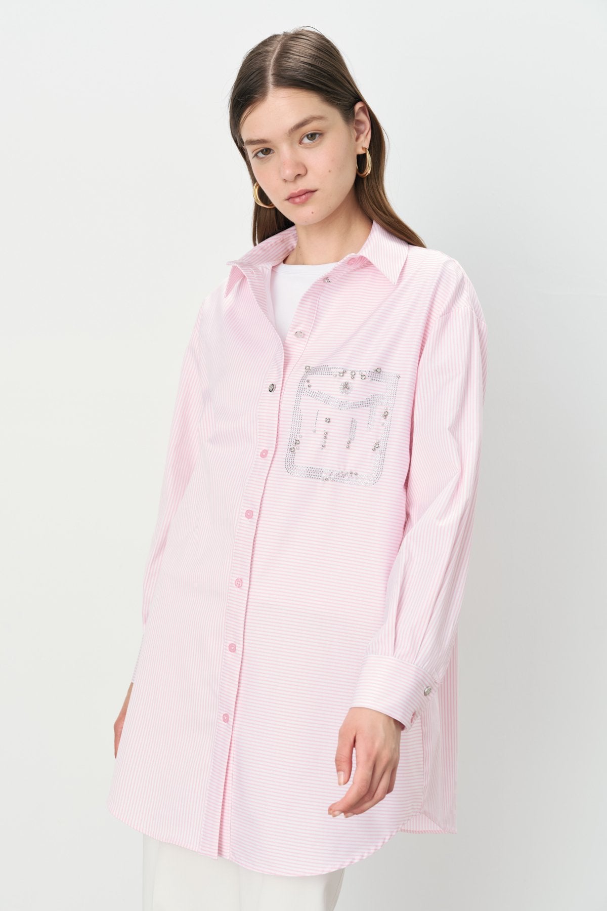 Striped Cotton Tunic Shirt with Embellished Pocket Detail - Pink
