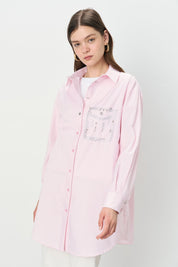 Striped Cotton Tunic Shirt with Embellished Pocket Detail - Pink