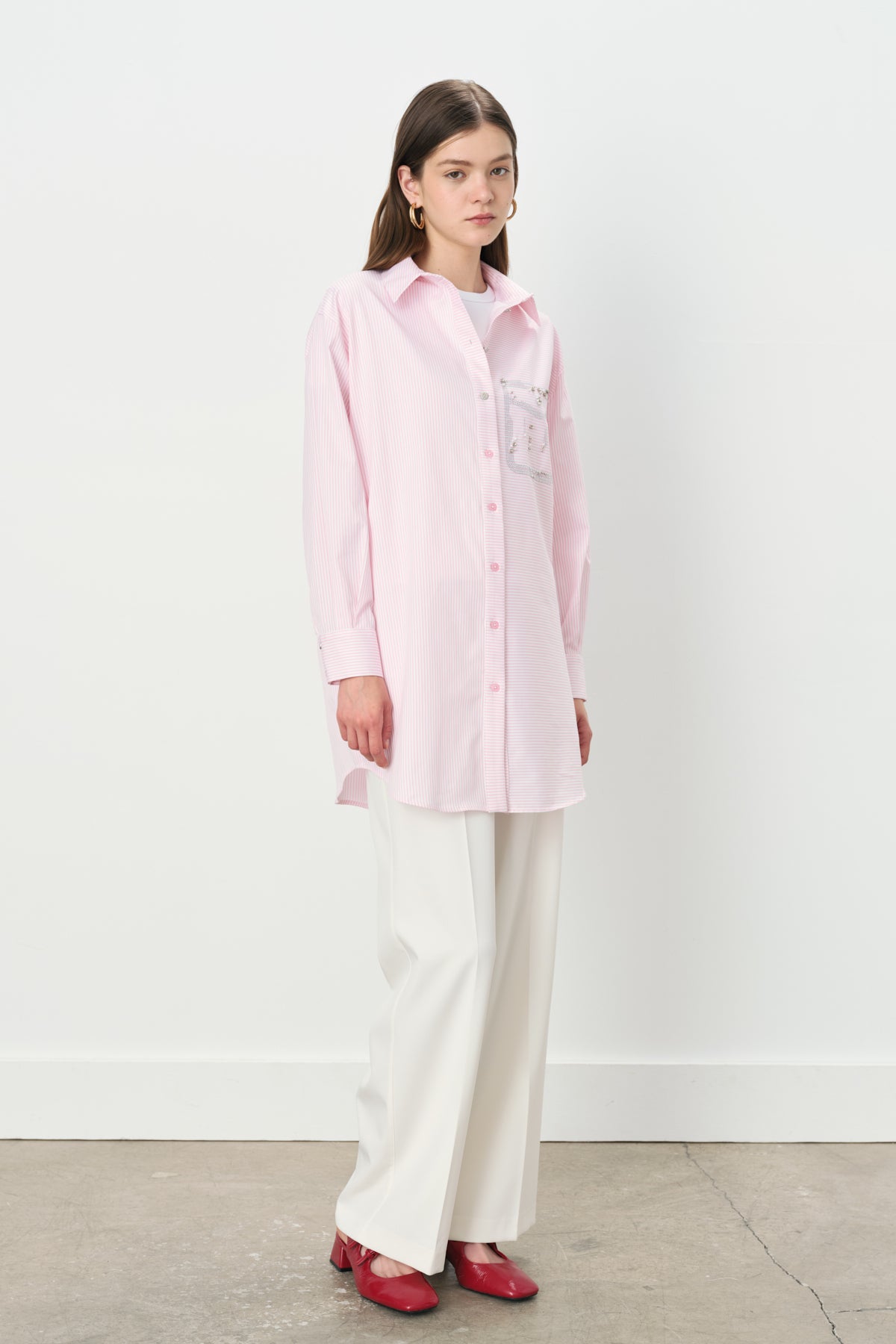 Striped Cotton Tunic Shirt with Embellished Pocket Detail - Pink